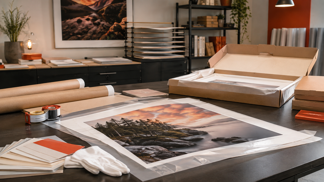Fine art prints prepared for careful shipping across Canada