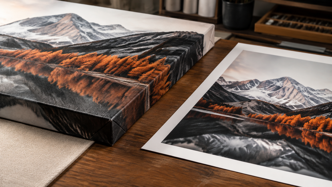 Stretched canvas print with thick profile beside a flat fine art paper print