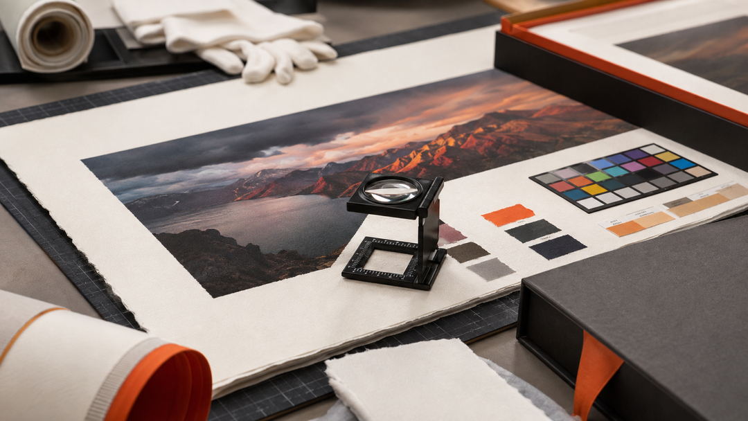 Fine art print inspection with archival paper, colour calibration tools, and premium packaging