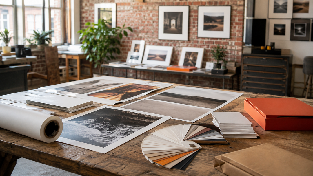 Hamilton art community print studio with fine art prints, paper swatches, and framed work