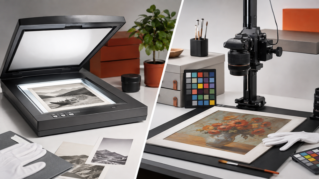 Artwork scanning workstation comparing flatbed photo scanning and professional art digitization