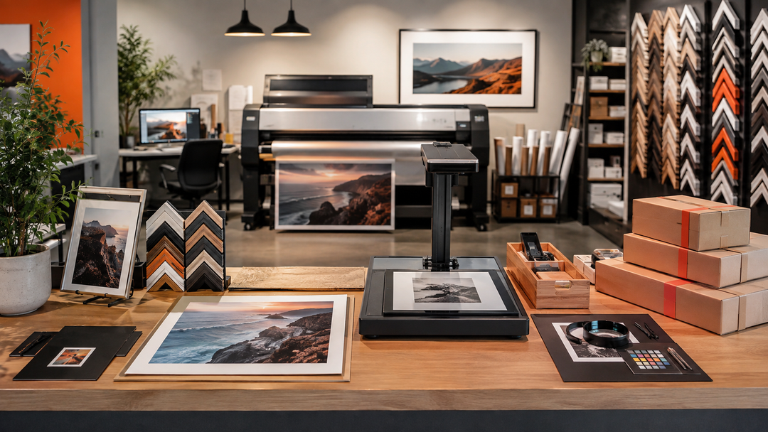 Local print shop with fine art printing, custom framing, art scanning, restoration tools, and orders ready for pickup