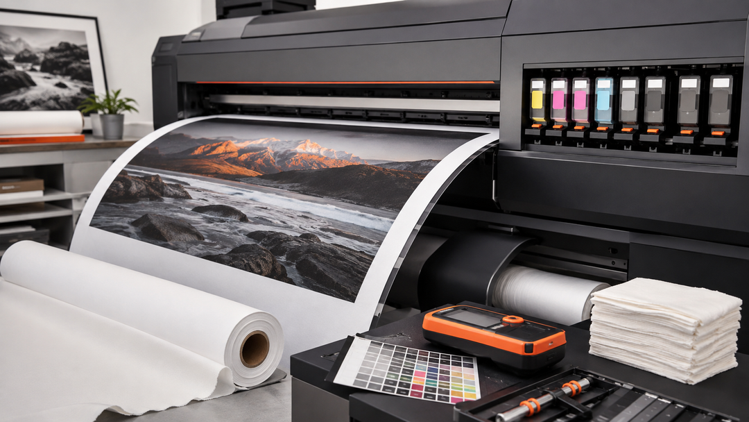 Professional fine art printer with pigment inks, calibration tools, and cotton paper