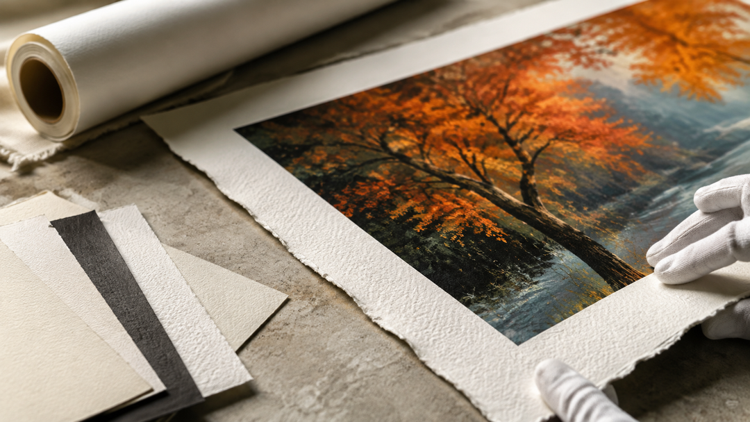 Museum quality fine art print on textured cotton paper with archival paper samples