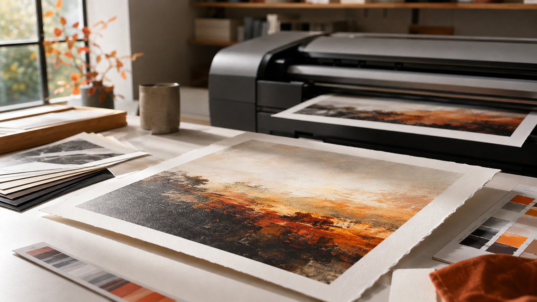 Giclee printing studio with archival fine art paper and colour proofing