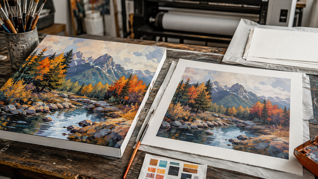 Original artwork beside a matching giclee print proof on textured paper