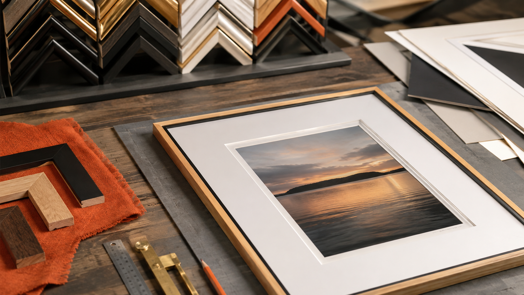 Custom framing workbench with mat board, frame samples, and a finished framed print