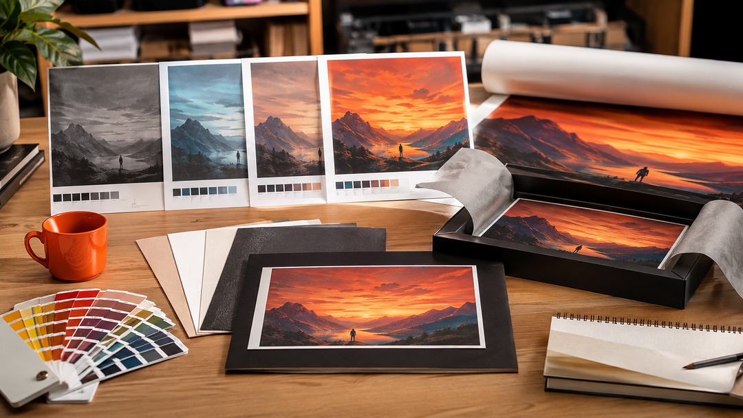 Custom printing proofs, colour swatches, paper choices, and final art print packaging