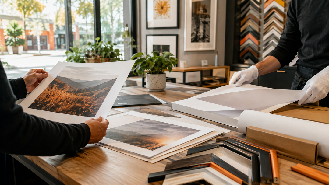 Local print shop consultation with paper samples, framing samples, and art proofs