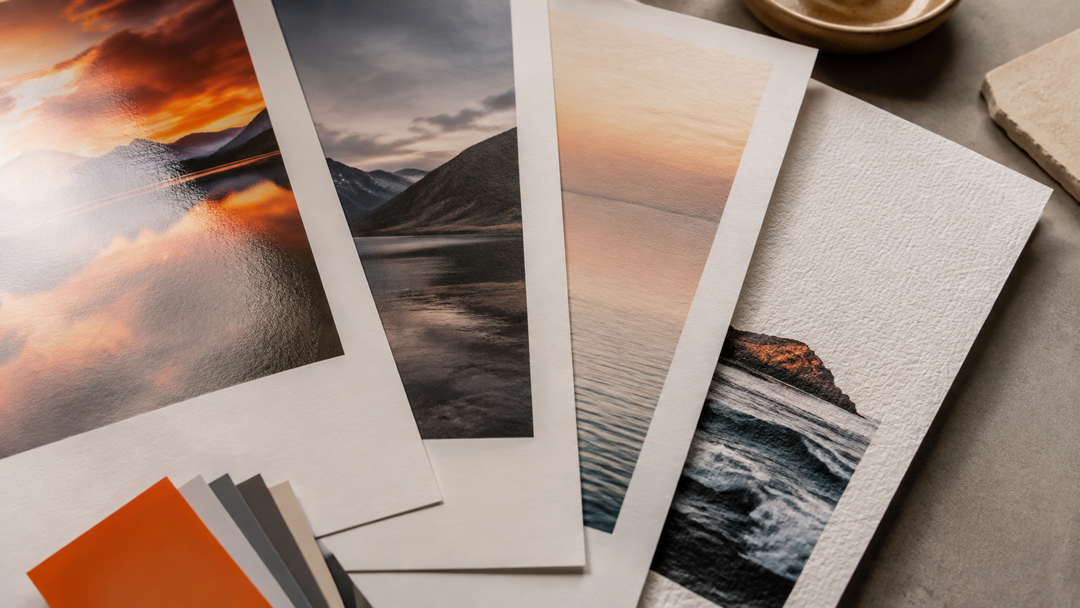 Fine art and photo paper samples showing matte, lustre, smooth, and textured surfaces