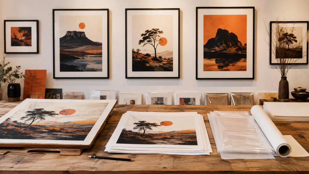 Professional print editions displayed in a gallery-like studio