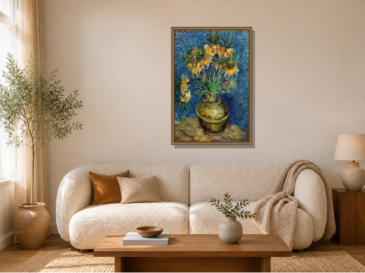 Imperial Fritillaries in a Copper Vase by Vincent van Gogh framed wall art print in a living room