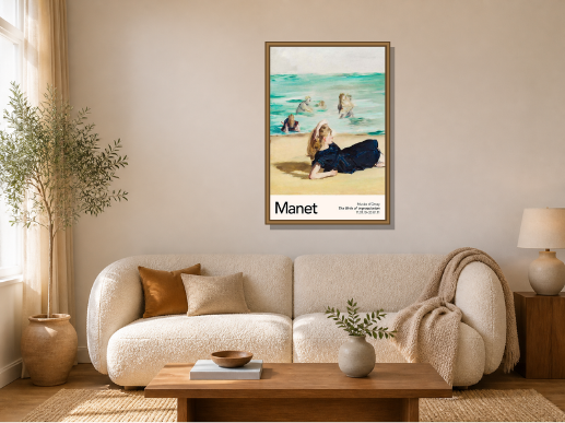 On the Beach by Édouard Manet framed wall art print in a living room