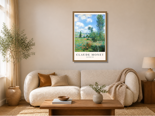 View of Vétheuil by Claude Monet framed wall art print in a living room