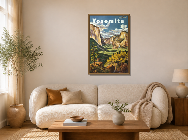 Yosemite United Air Lines framed wall art print in a living room