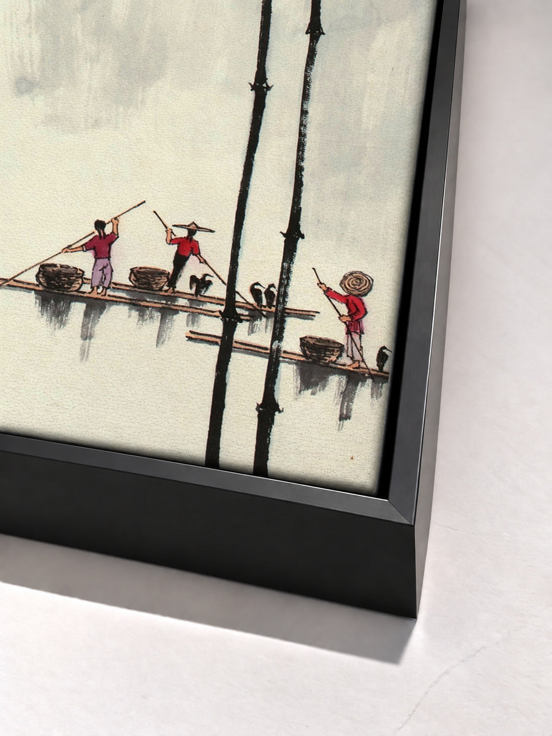 Chinese traditional bamboo print black floater frame corner detail