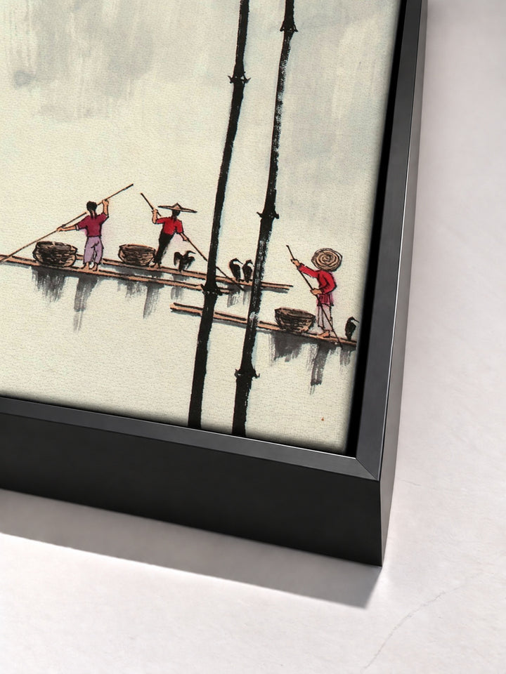 Chinese traditional bamboo print black floater frame corner detail