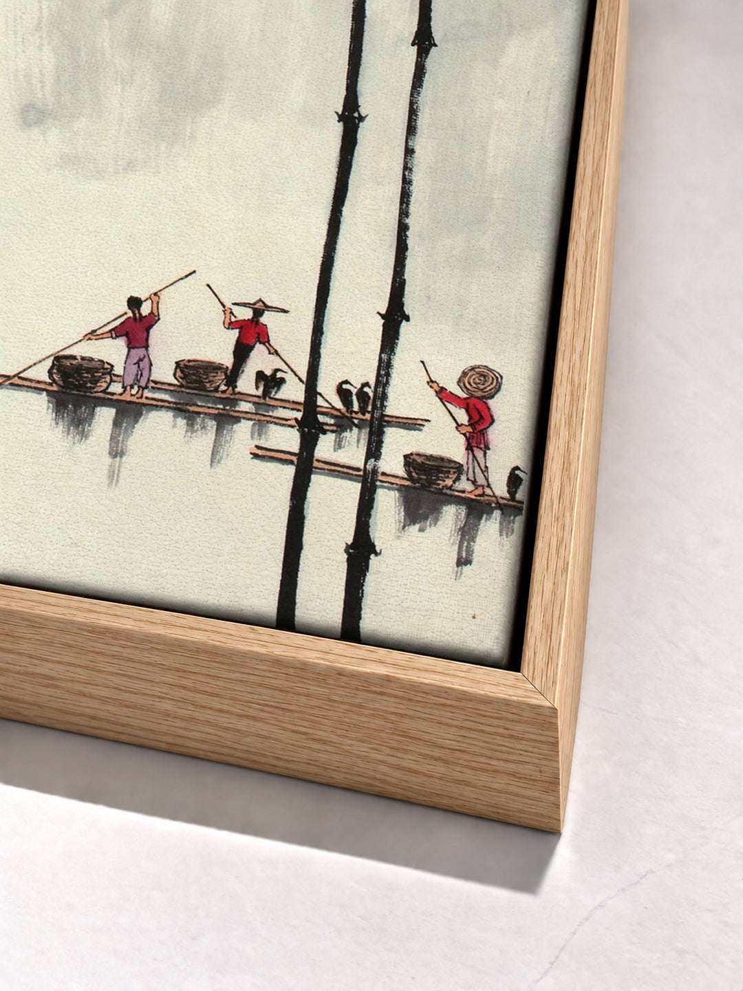 Chinese traditional bamboo print oak floater frame corner detail