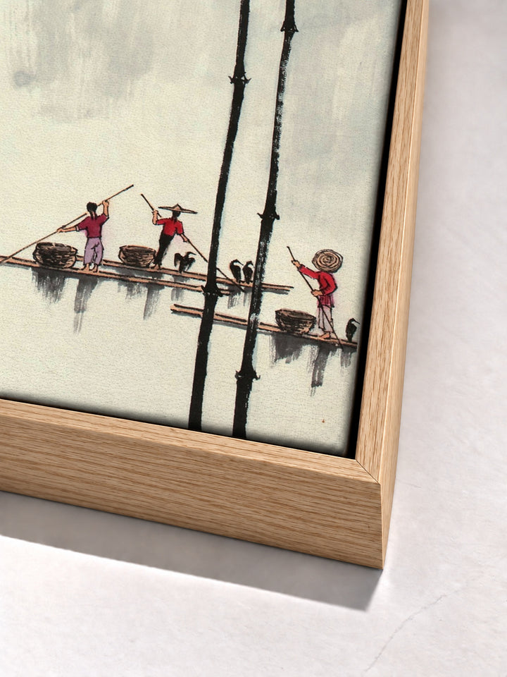 Chinese traditional bamboo print oak floater frame corner detail