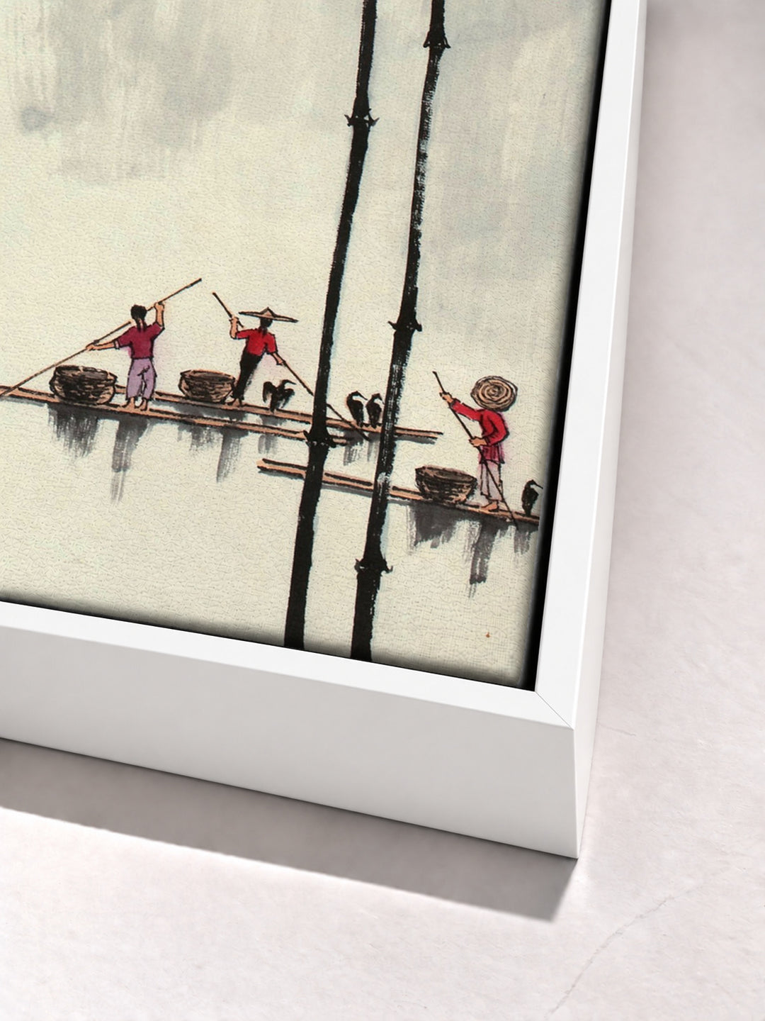 Chinese traditional bamboo print white floater frame corner detail