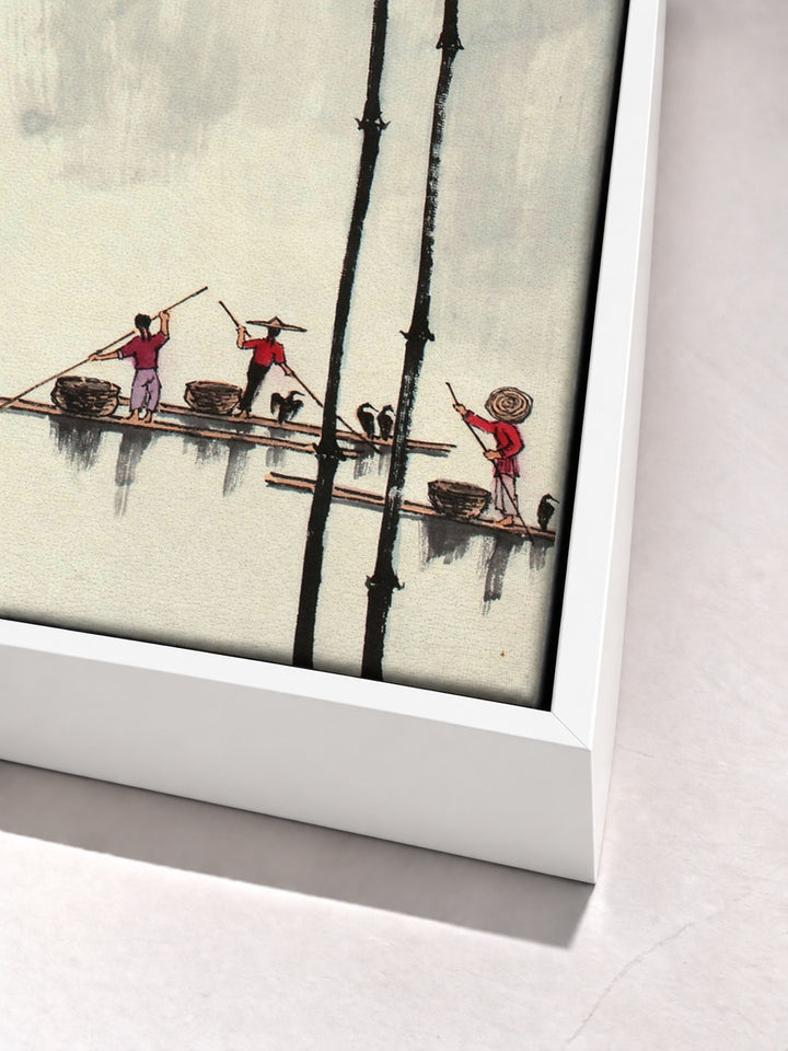 Chinese traditional bamboo print white floater frame corner detail