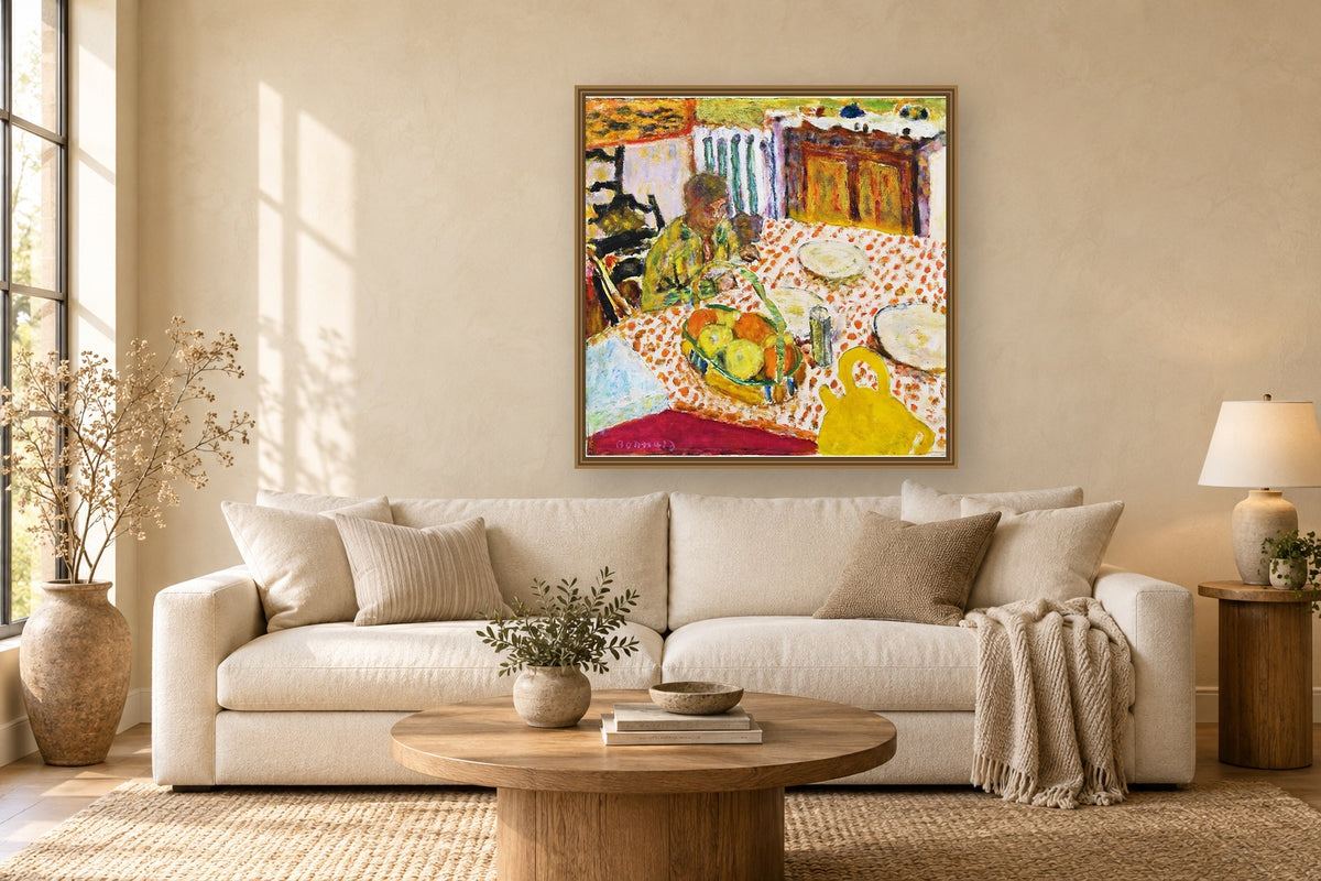 Marthe Et Son Chien Assise Devant Une Table by Pierre Bonnard framed wall art print in a living room
