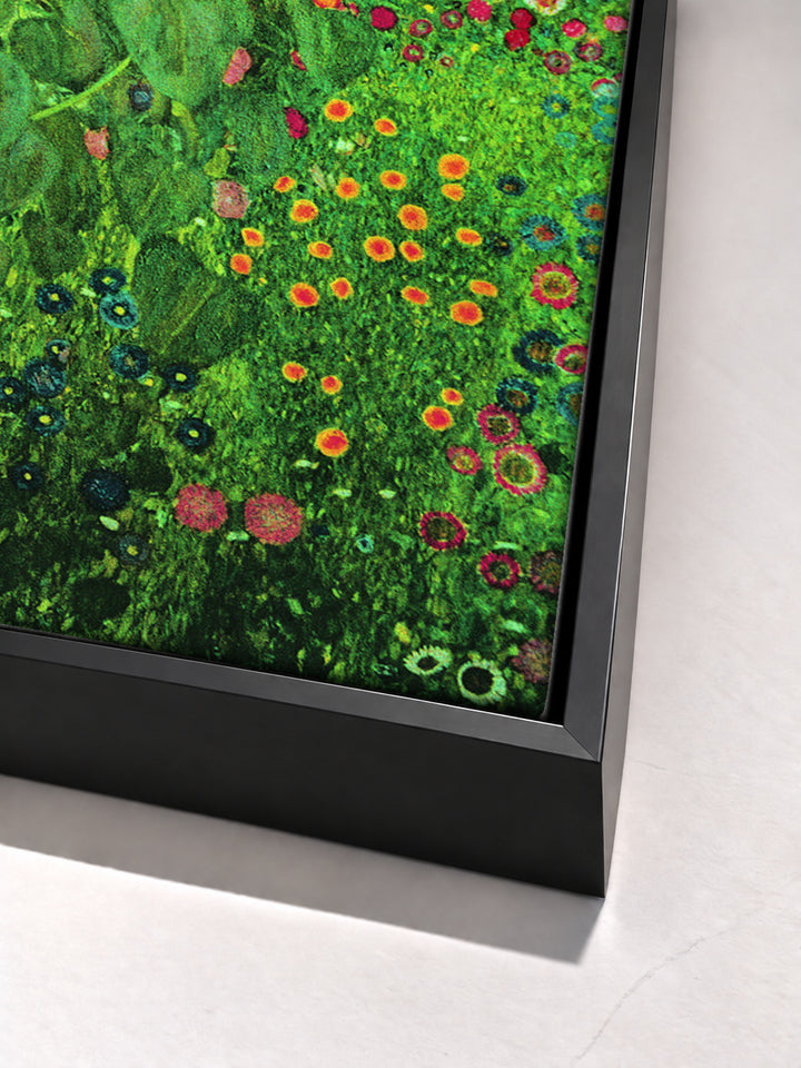 Farm garden with sunflowers by Gustav Klimt black floater frame corner detail