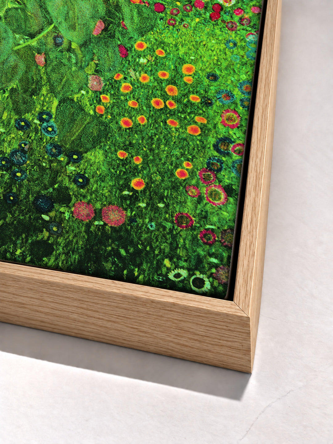 Farm garden with sunflowers by Gustav Klimt oak floater frame corner detail