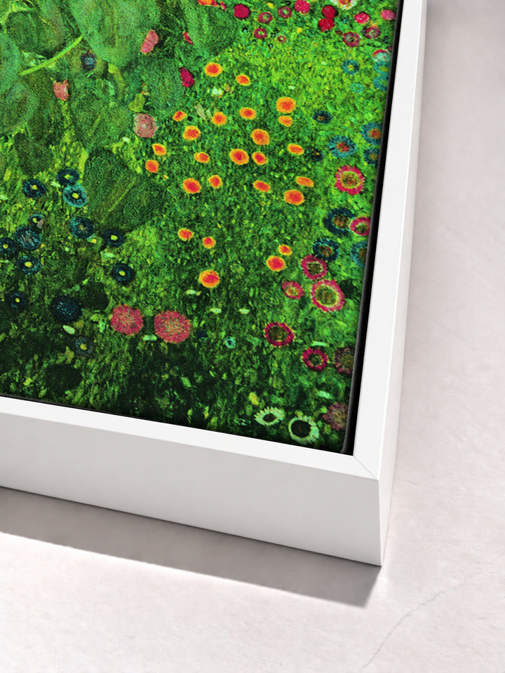 Farm garden with sunflowers by Gustav Klimt white floater frame corner detail