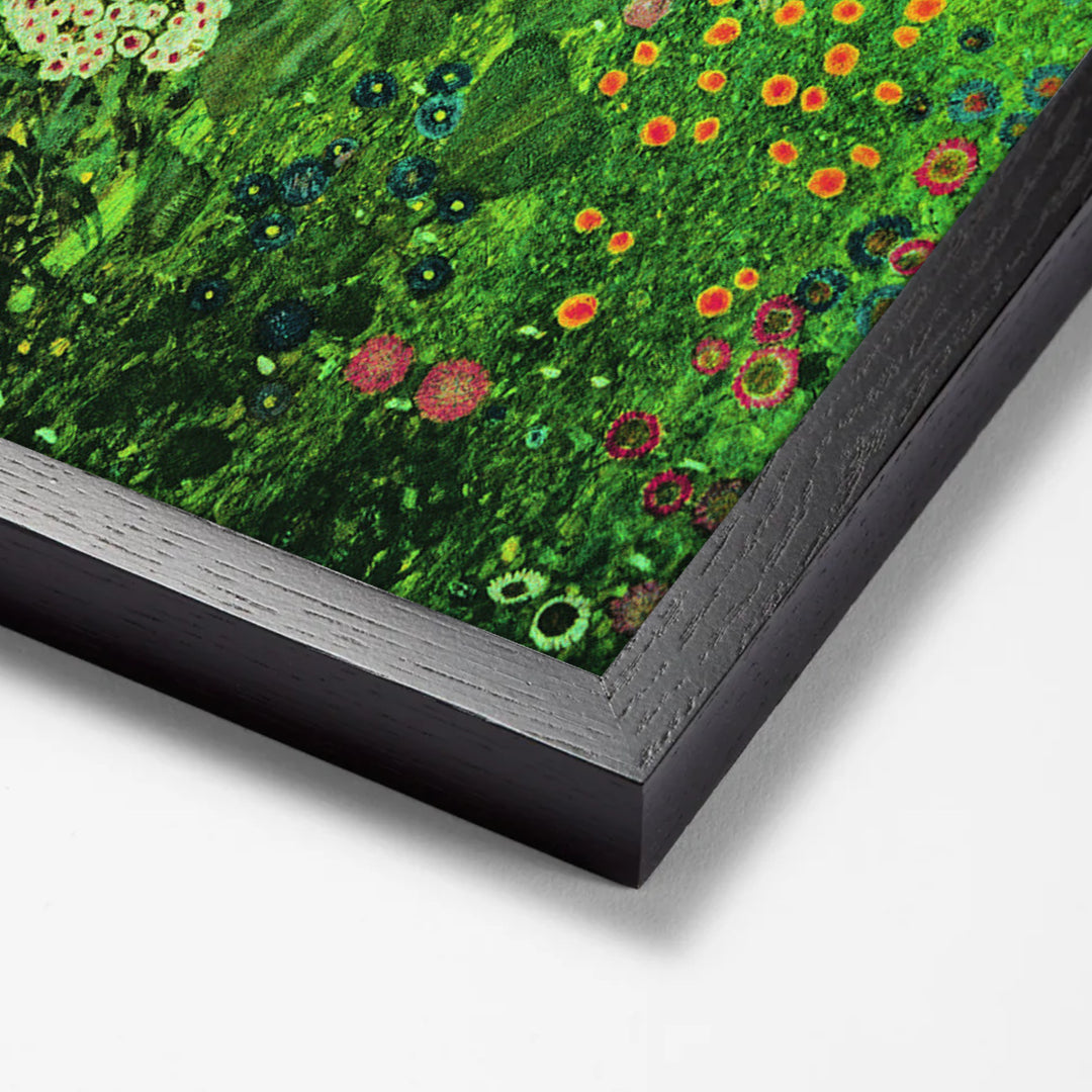 Farm garden with sunflowers by Gustav Klimt black stock paper frame corner detail