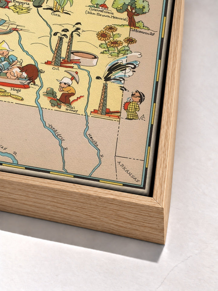 Kansas Funny Vintage Map oak floater frame corner detail