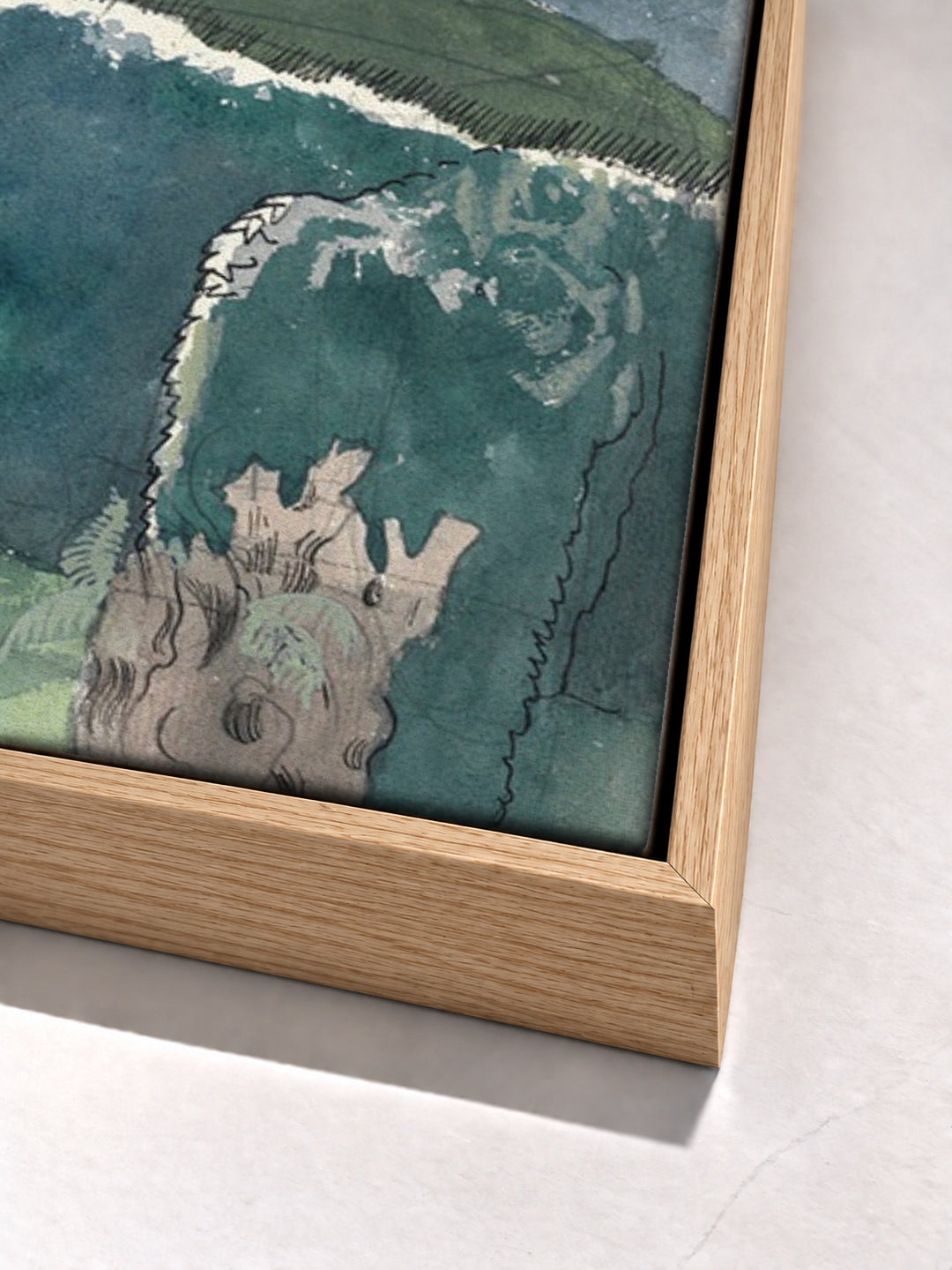 Landscape by Paul Nash oak floater frame corner detail