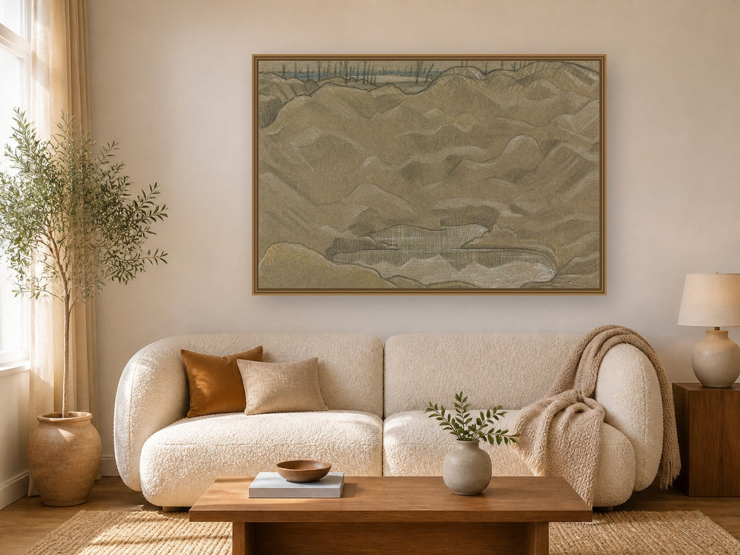 A Shell Crater (1918) by Paul Nash framed wall art print in a living room