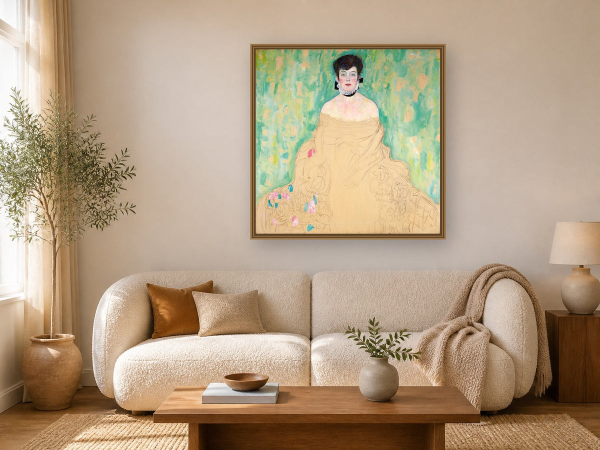 Amalie Zuckerkan by Gustav Klimt framed wall art print in a living room