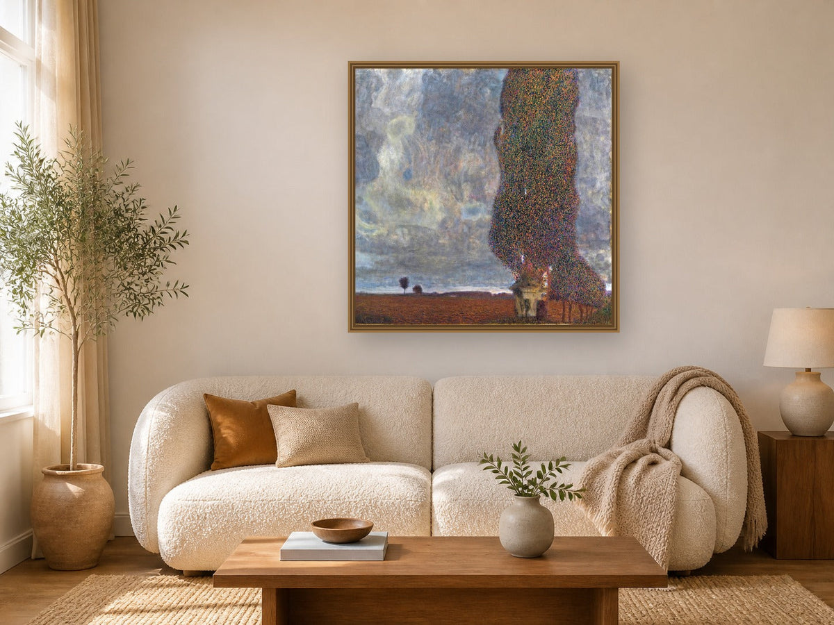 Approaching Thunderstorm (The Large Poplar II) by Gustav Klimt framed wall art print in a living room