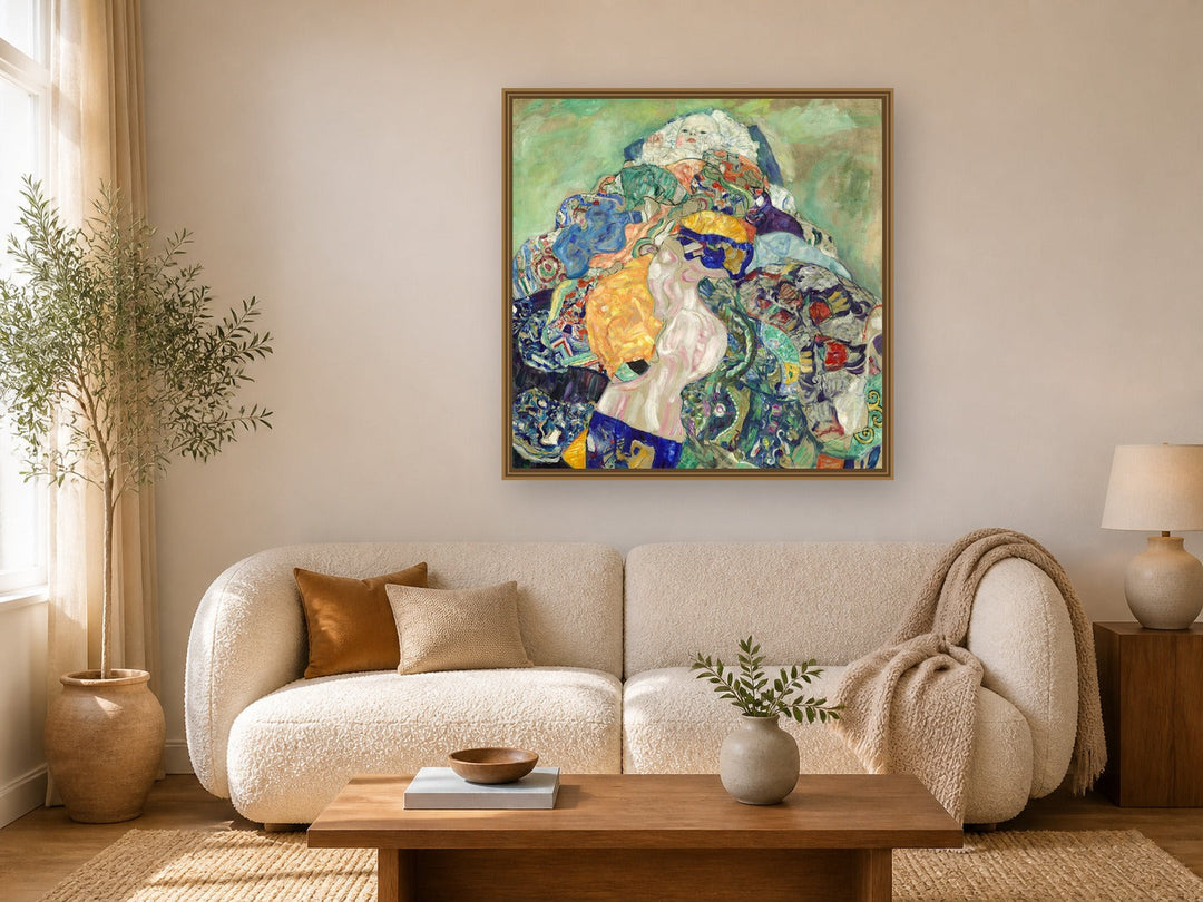 Baby (Cradle) by Gustav Klimt framed wall art print in a living room