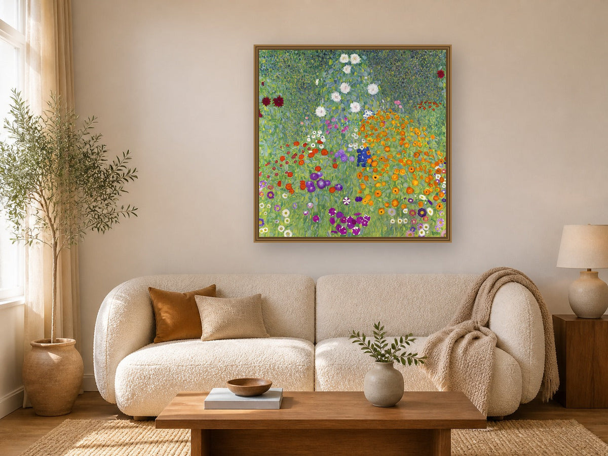 Bauerngarten, 1907,Flower Garden by Gustav Klimt framed wall art print in a living room