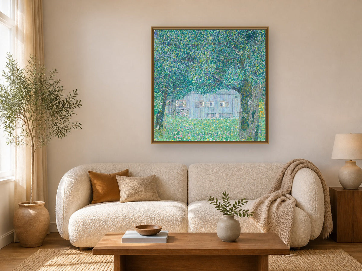 Bauernhaus in Buchberg (Oberosterreichisches Bauernhaus) by Gustav Klimt framed wall art print in a living room