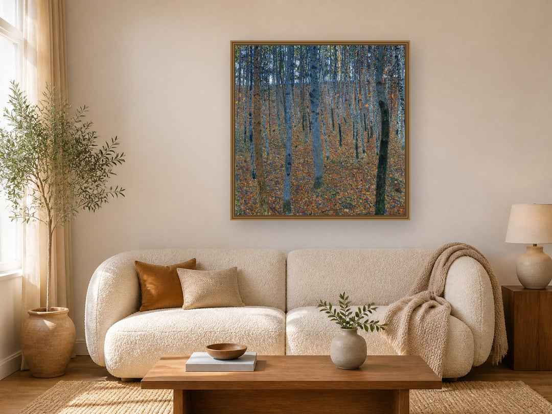 Beech Grove by Gustav Klimt framed wall art print in a living room