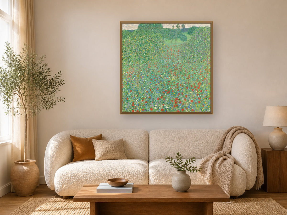 Blühender Mohn by Gustav Klimt framed wall art print in a living room