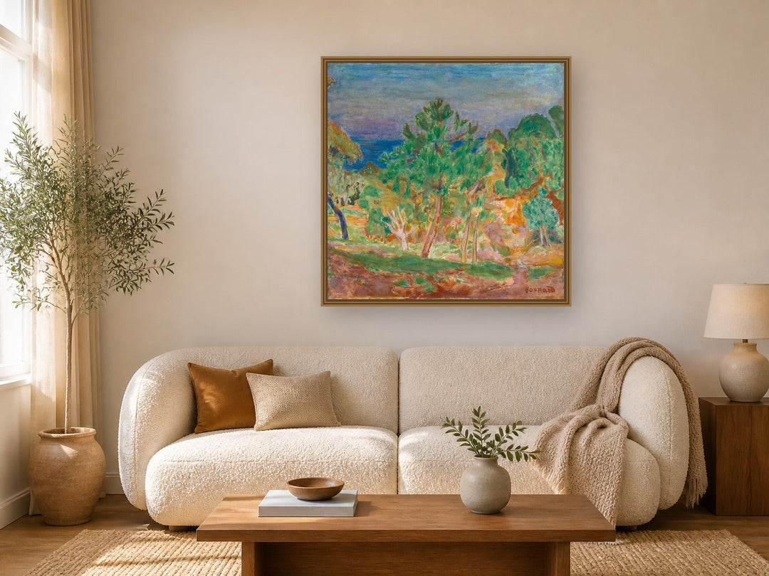 Bords De Seine Or Paysage Ensoleillé by Pierre Bonnard framed wall art print in a living room