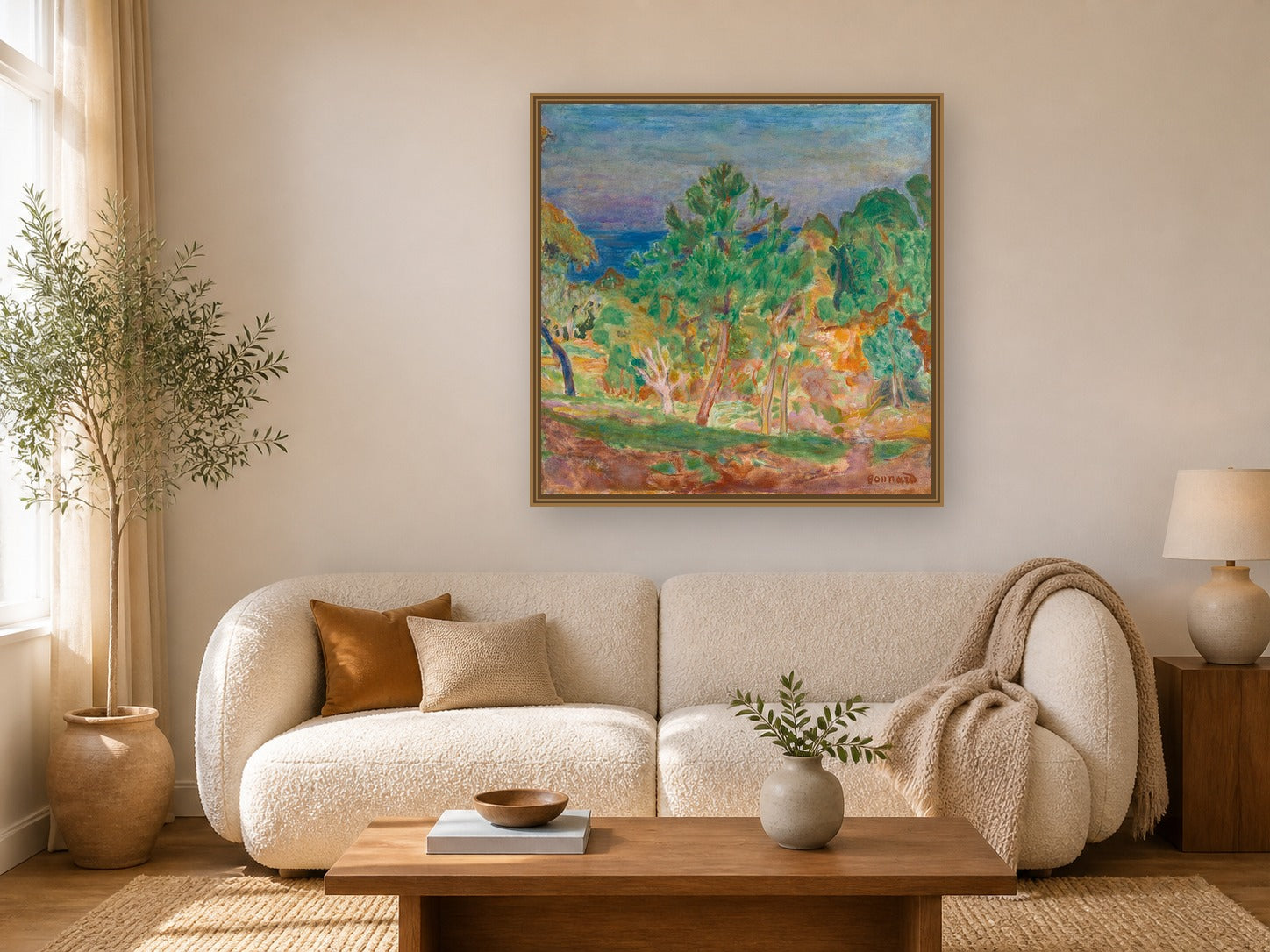 Bords De Seine Or Paysage Ensoleillé by Pierre Bonnard framed wall art print in a living room