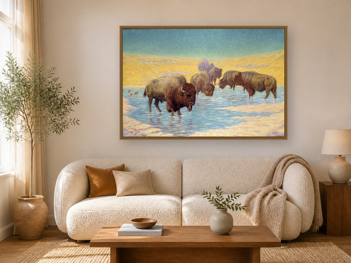Buffalo Scene by Emil W. Lenders framed in a living room