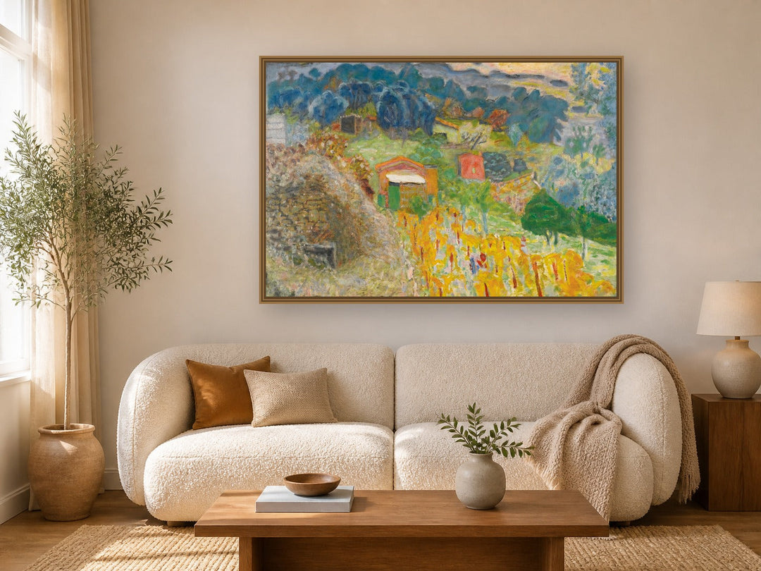 Cabanons Au Cannet by Pierre Bonnard framed wall art print in a living room