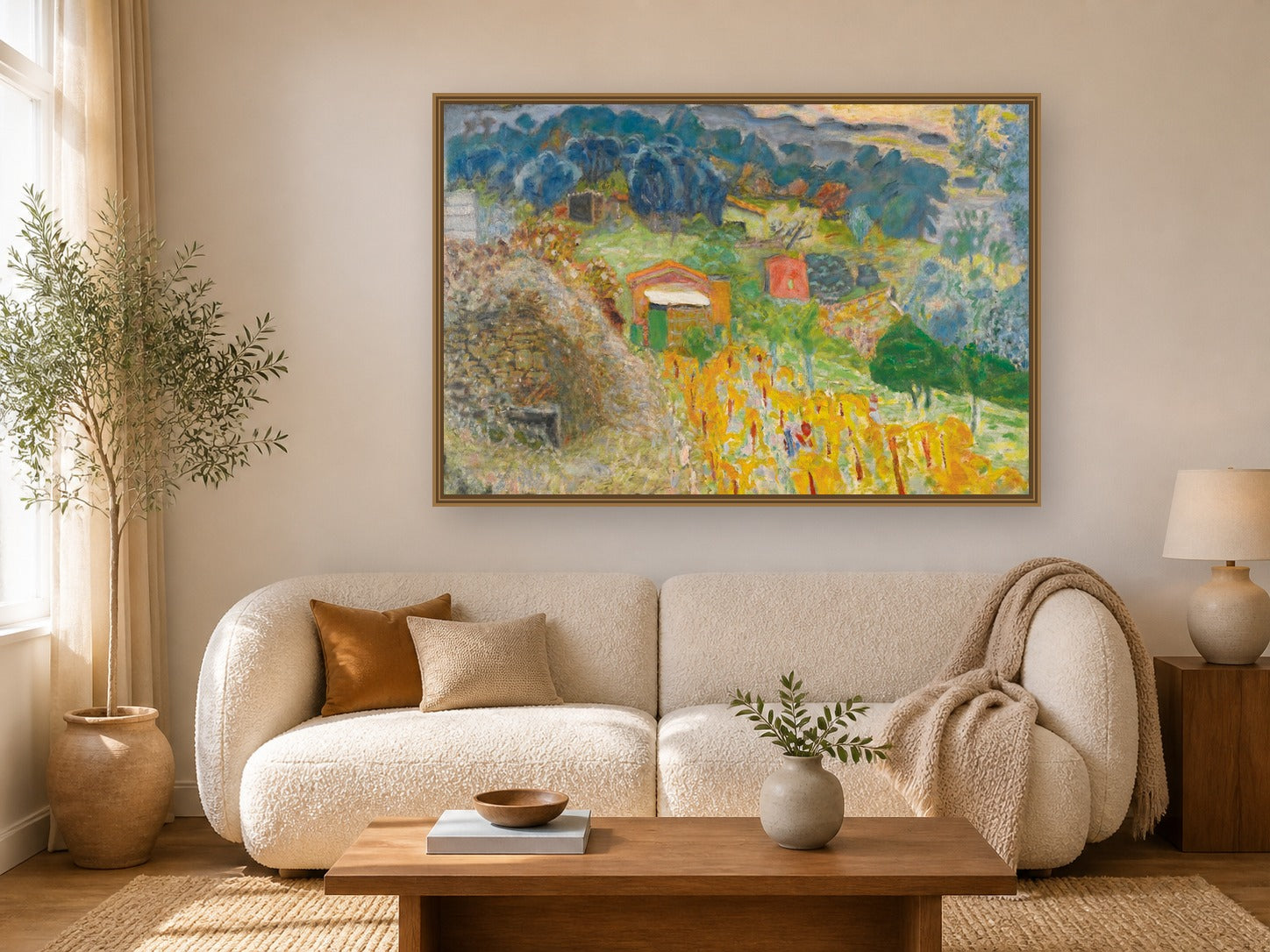 Cabanons Au Cannet by Pierre Bonnard framed wall art print in a living room