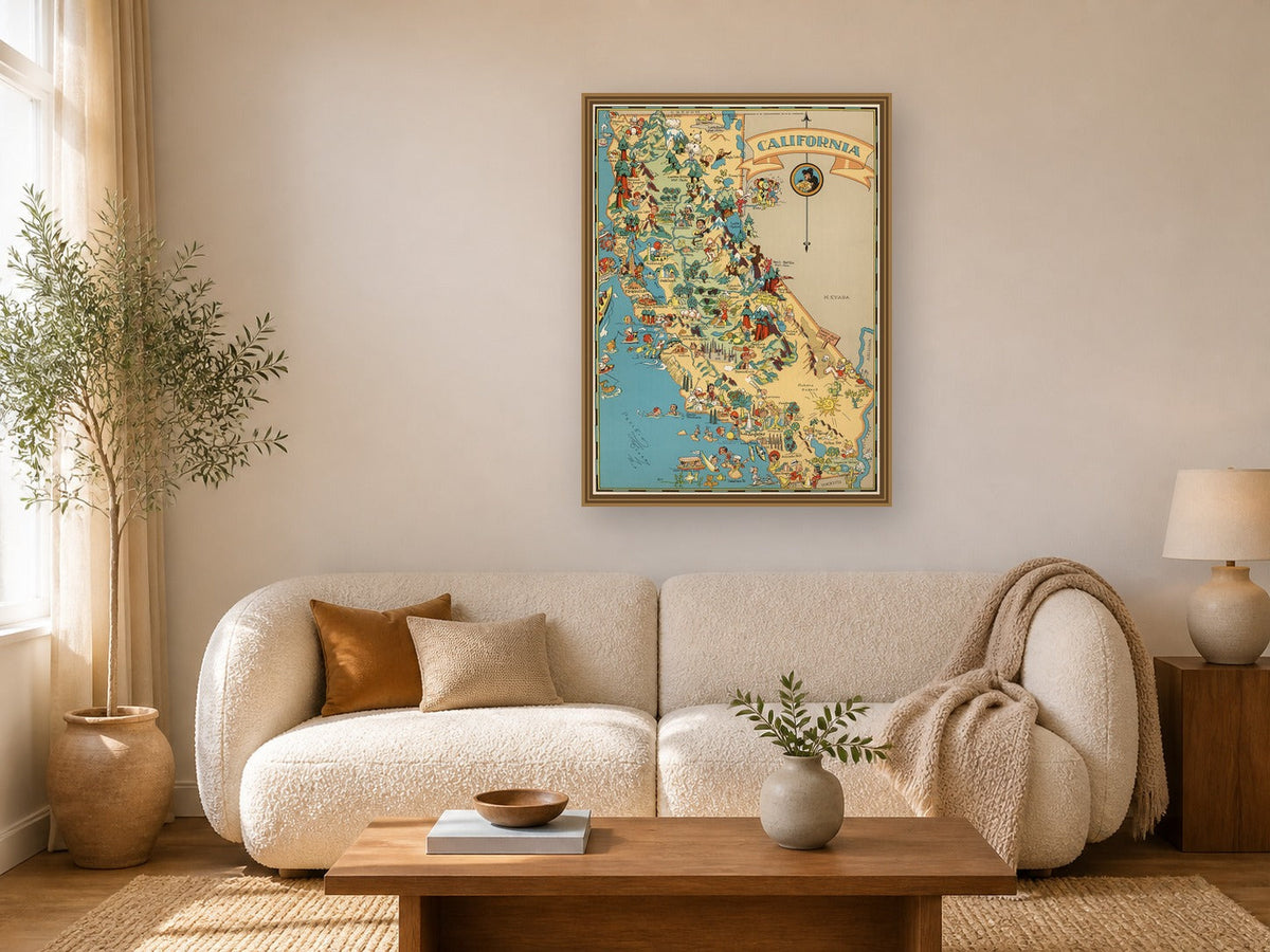 California Funny Vintage Map framed wall art print in a living room