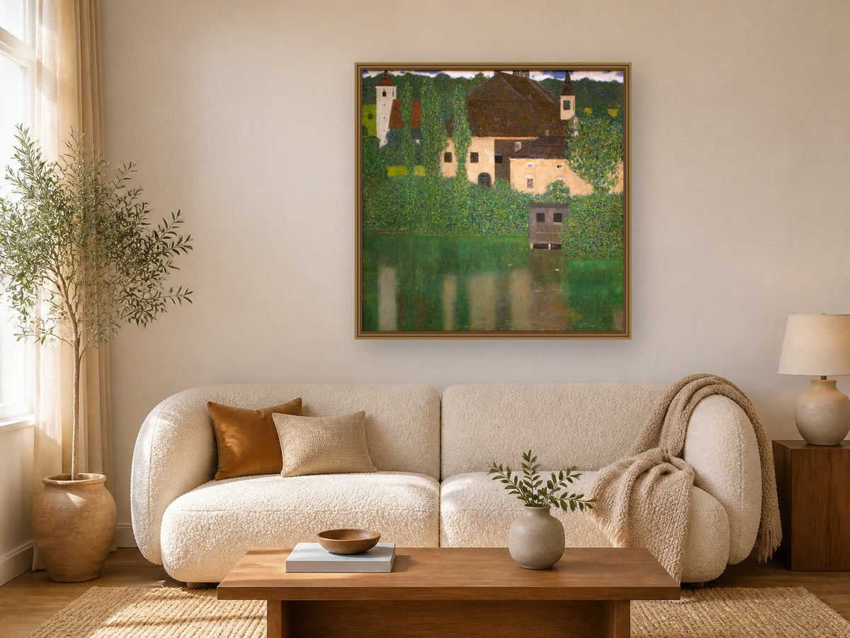 Castle with a Moat by Gustav Klimt framed wall art print in a living room