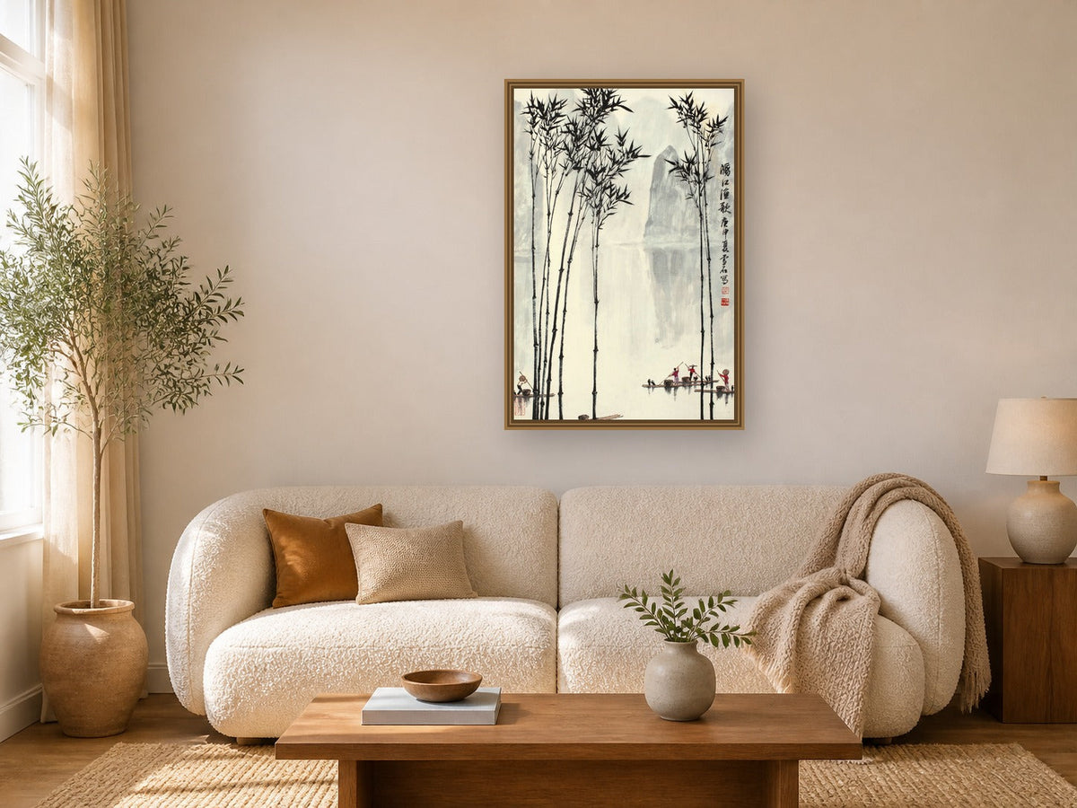 Chinese traditional bamboo print framed wall art print in a living room