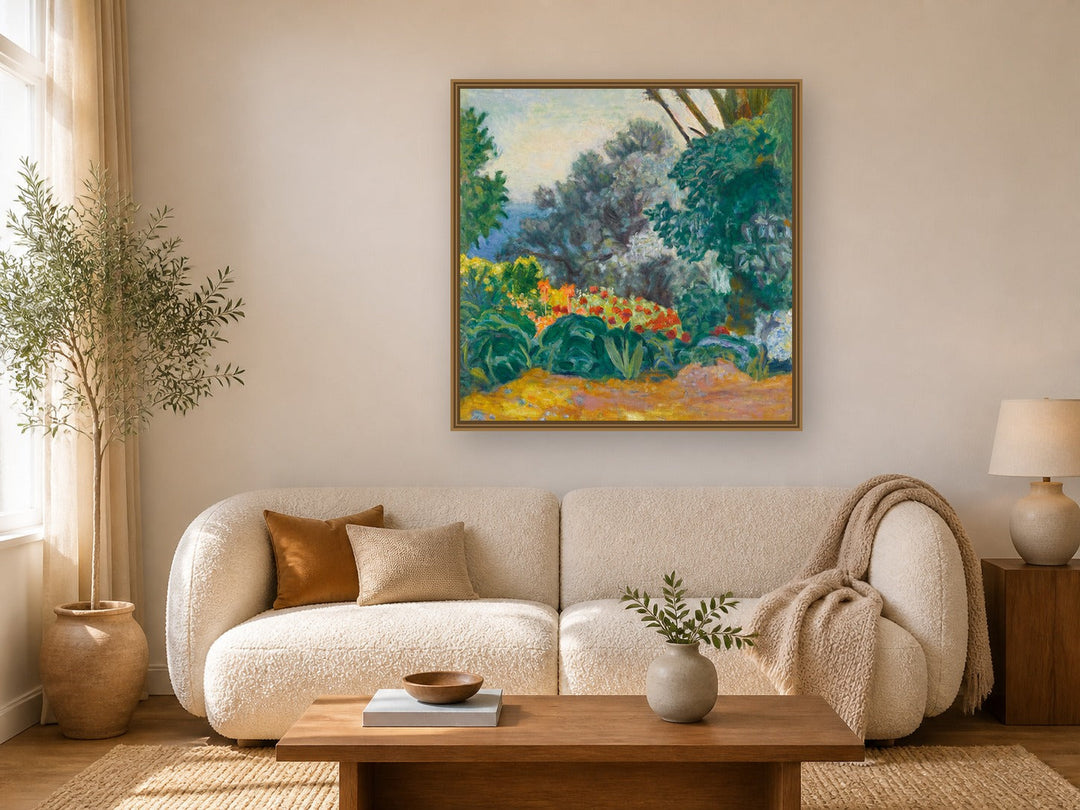 Coin De Jardin Fleuri by Pierre Bonnard framed wall art print in a living room