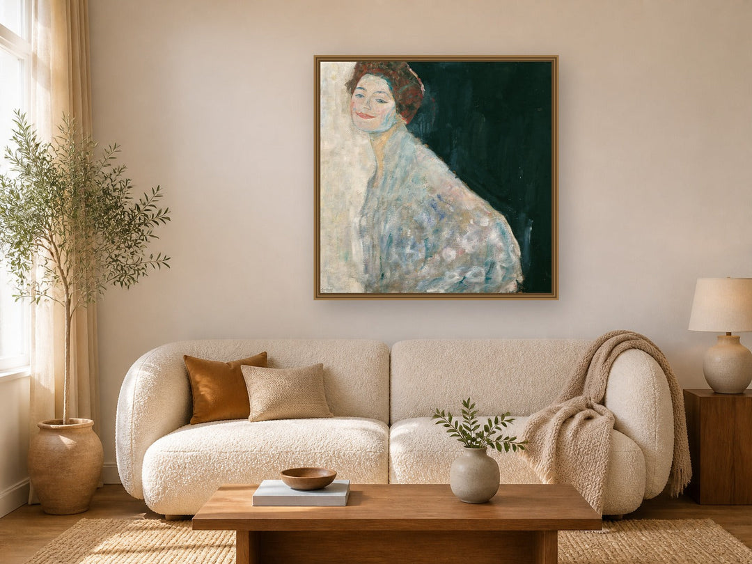Dame in Weib by Gustav Klimt framed wall art print in a living room